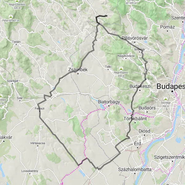 Map miniature of "Countryside Road Cycling Adventure near Piliscsév" cycling inspiration in Közép-Dunántúl, Hungary. Generated by Tarmacs.app cycling route planner