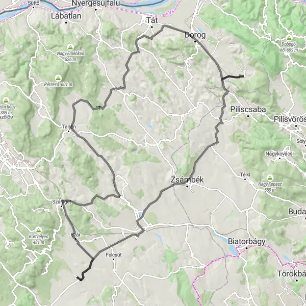 Map miniature of "Scenic Road Cycling Route to Piliscsév" cycling inspiration in Közép-Dunántúl, Hungary. Generated by Tarmacs.app cycling route planner