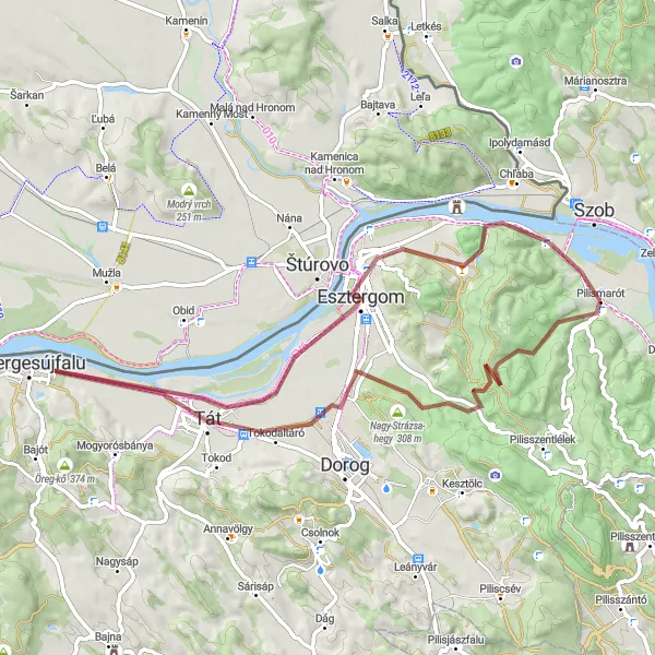 Map miniature of "Pilismarót to Sas-hegy Gravel Route" cycling inspiration in Közép-Dunántúl, Hungary. Generated by Tarmacs.app cycling route planner