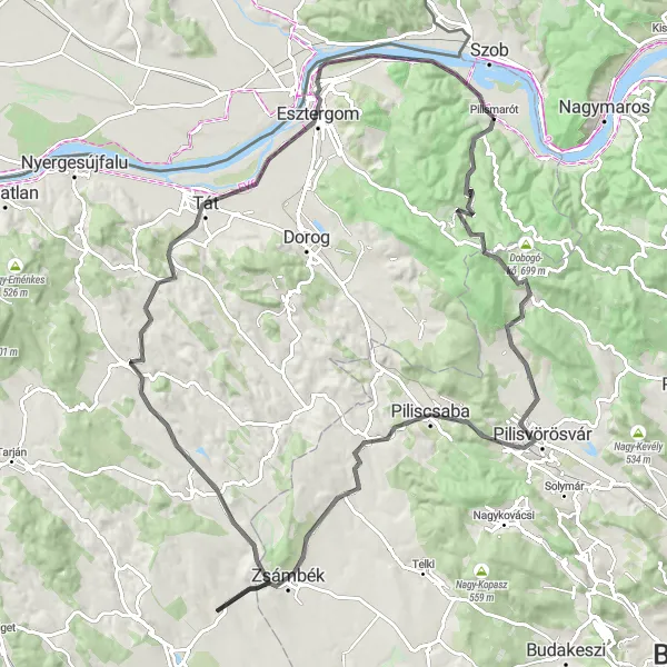 Map miniature of "The Pilismarót Road Cycling Adventure" cycling inspiration in Közép-Dunántúl, Hungary. Generated by Tarmacs.app cycling route planner