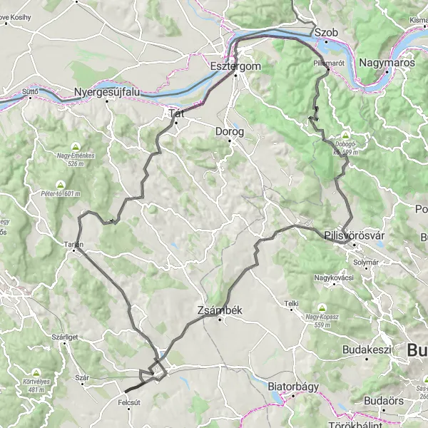 Map miniature of "Pilismarót - Esztergom Loop" cycling inspiration in Közép-Dunántúl, Hungary. Generated by Tarmacs.app cycling route planner