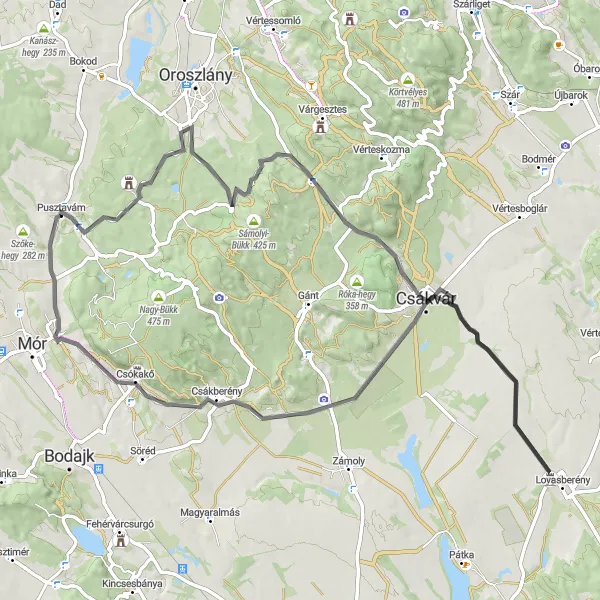 Map miniature of "Pusztavám Road Cycling Route" cycling inspiration in Közép-Dunántúl, Hungary. Generated by Tarmacs.app cycling route planner