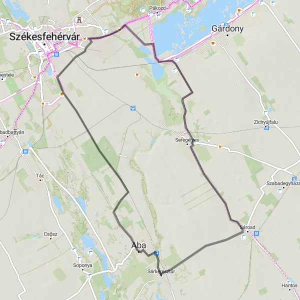 Map miniature of "Sárkeresztúr to Seregélyes Road Loop" cycling inspiration in Közép-Dunántúl, Hungary. Generated by Tarmacs.app cycling route planner