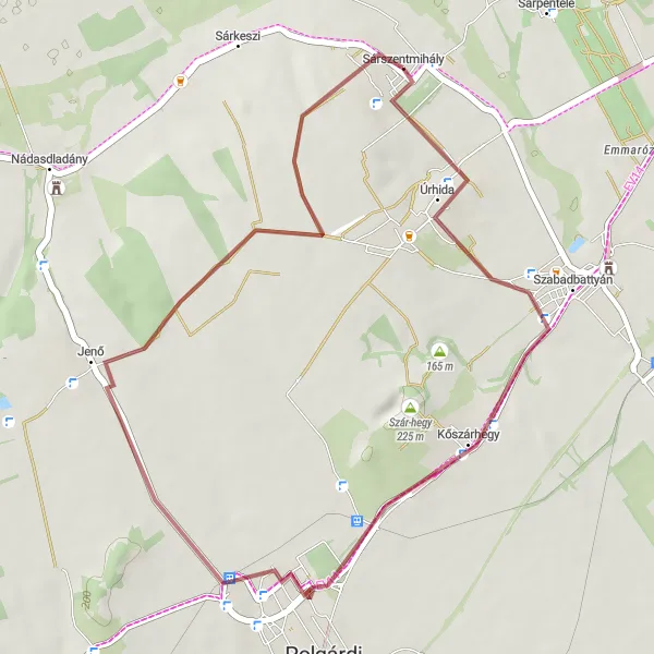 Map miniature of "Sárszentmihály Gravel Cycling Route" cycling inspiration in Közép-Dunántúl, Hungary. Generated by Tarmacs.app cycling route planner