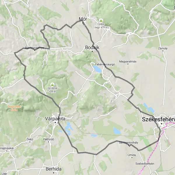 Map miniature of "Sárszentmihály Challenging Road Cycling Route" cycling inspiration in Közép-Dunántúl, Hungary. Generated by Tarmacs.app cycling route planner