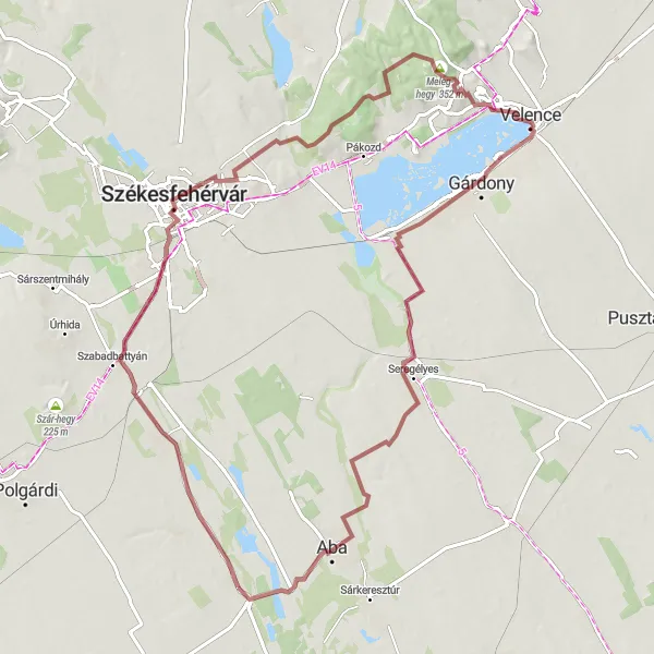 Map miniature of "Soponya - Velence" cycling inspiration in Közép-Dunántúl, Hungary. Generated by Tarmacs.app cycling route planner