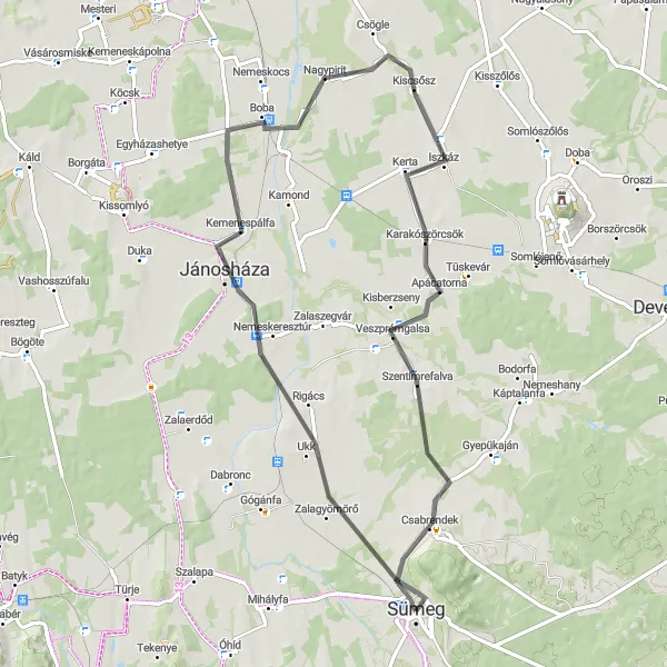 Map miniature of "Classic Road Cycling Route to Csabrendek" cycling inspiration in Közép-Dunántúl, Hungary. Generated by Tarmacs.app cycling route planner