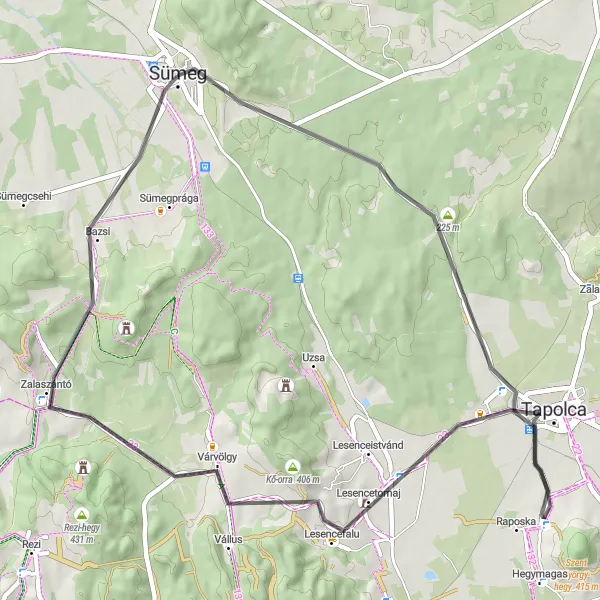 Map miniature of "Scenic Road Cycling Route to Tapolca" cycling inspiration in Közép-Dunántúl, Hungary. Generated by Tarmacs.app cycling route planner