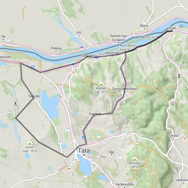 Map miniature of "Süttő - Meleges-hegy - Szomód - Grébics-hegy - Esterházy-kúria - Dunaalmás - Akasztó-hegy Cycling Route" cycling inspiration in Közép-Dunántúl, Hungary. Generated by Tarmacs.app cycling route planner