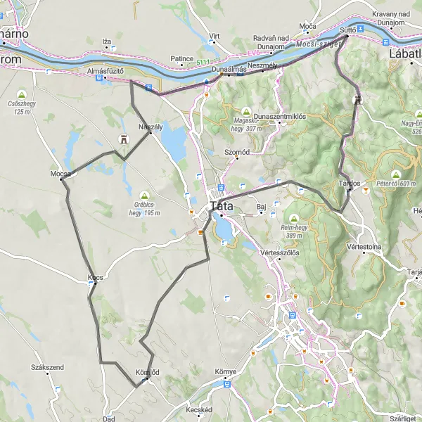 Map miniature of "Süttő - Csonkás-hegy - Tardos - Tata - Kálvária domb - Kocs - Mocsa - Dunaalmás - Akasztó-hegy Cycling Route" cycling inspiration in Közép-Dunántúl, Hungary. Generated by Tarmacs.app cycling route planner