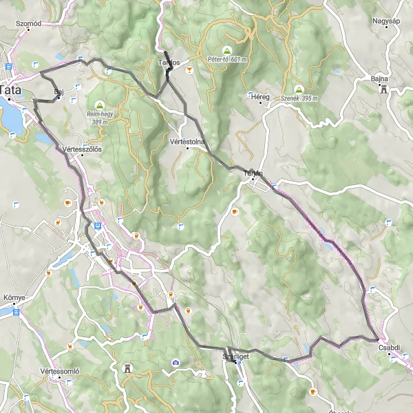 Map miniature of "Szárliget - Bánhida - Sánc-hegy - Tardos Loop" cycling inspiration in Közép-Dunántúl, Hungary. Generated by Tarmacs.app cycling route planner