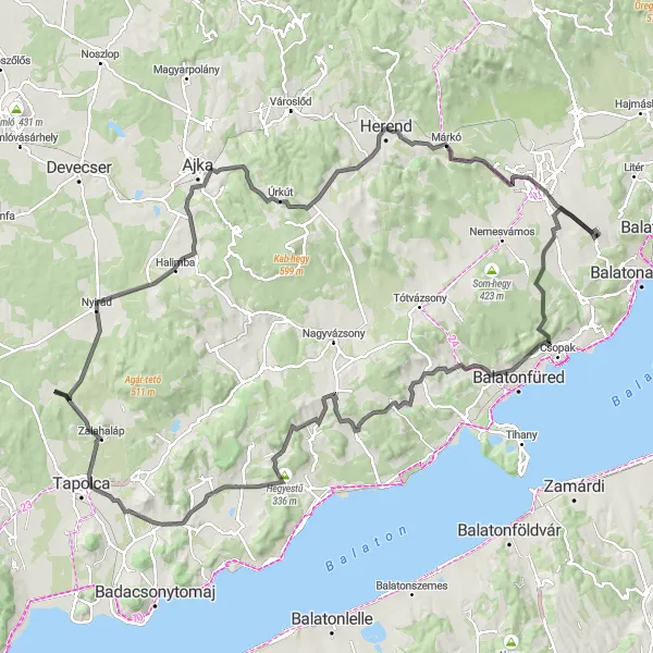 Map miniature of "Road Tour to Tűzkő-hegy" cycling inspiration in Közép-Dunántúl, Hungary. Generated by Tarmacs.app cycling route planner