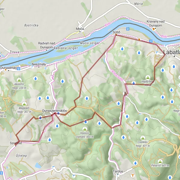 Map miniature of "Gravel Szomód Round-trip" cycling inspiration in Közép-Dunántúl, Hungary. Generated by Tarmacs.app cycling route planner