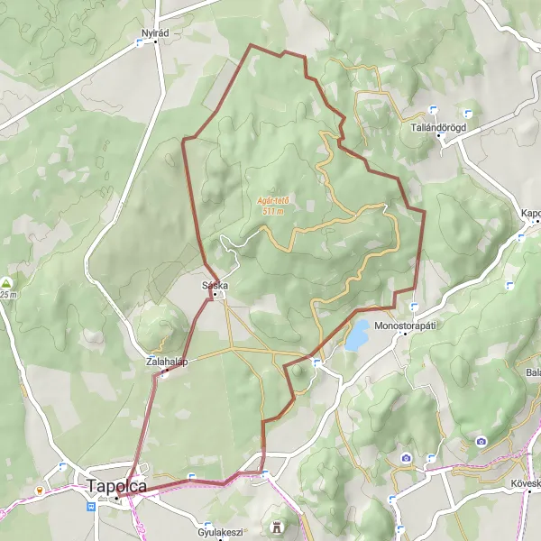 Map miniature of "Tapolca - Zalahaláp - Haláp - Kis-Bakony - Pénzes-kő-tető - Monostorapáti - Diszel - Tapolca" cycling inspiration in Közép-Dunántúl, Hungary. Generated by Tarmacs.app cycling route planner