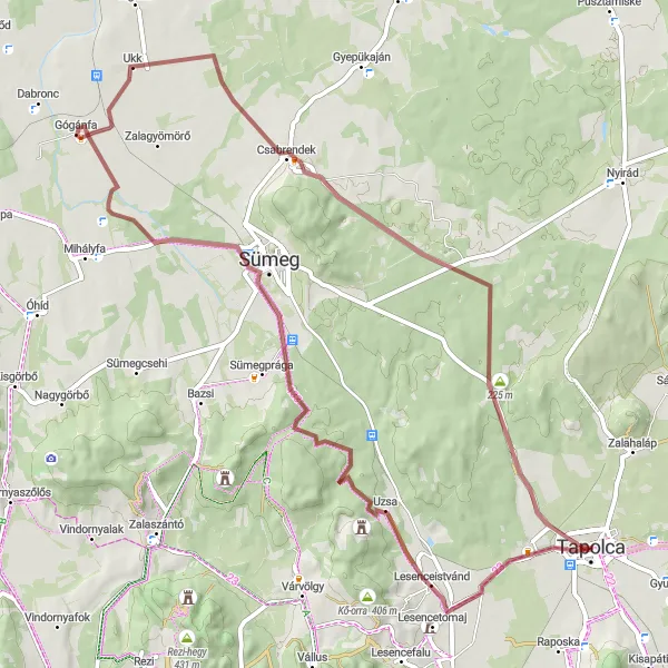 Map miniature of "Tapolca and Surroundings Gravel Route" cycling inspiration in Közép-Dunántúl, Hungary. Generated by Tarmacs.app cycling route planner