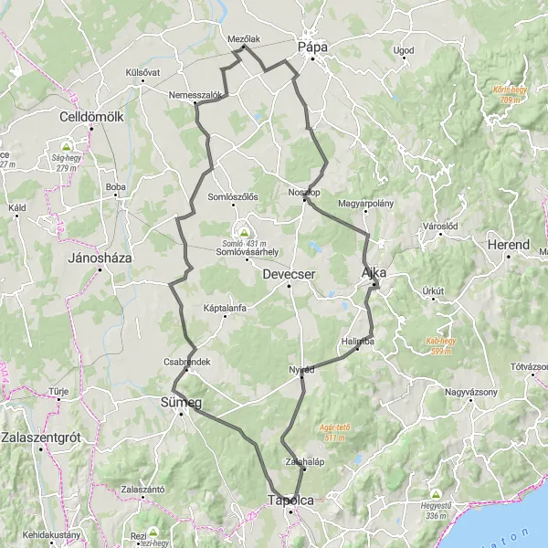 Map miniature of "Tapolca - Sümegi vár - Sümegi-várhegy - Apácatorna - Dabrony - Mihályháza - Ajka - Nyirád - Cseket-hegy - Belváros - Tapolca" cycling inspiration in Közép-Dunántúl, Hungary. Generated by Tarmacs.app cycling route planner