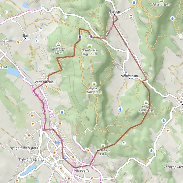 Map miniature of "Tardos - Veres-hegy - Tatabánya - Terrace" cycling inspiration in Közép-Dunántúl, Hungary. Generated by Tarmacs.app cycling route planner