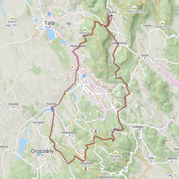 Map miniature of "Vértestolna - Várgesztes - Som-hegy - Vértesszőlős - Gorba-tető" cycling inspiration in Közép-Dunántúl, Hungary. Generated by Tarmacs.app cycling route planner