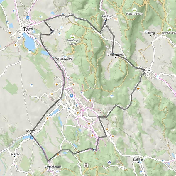 Map miniature of "Tarján - Nagy-Somlyó - Környe - Vértesszőlős" cycling inspiration in Közép-Dunántúl, Hungary. Generated by Tarmacs.app cycling route planner