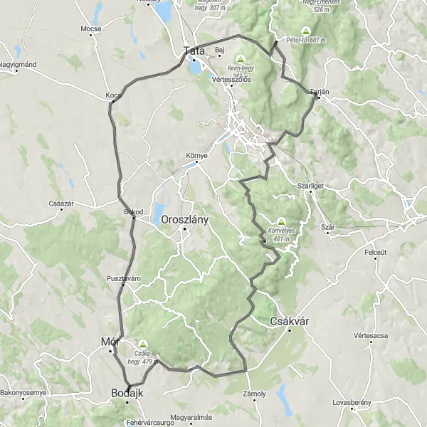 Map miniature of "The Gorgeous Danube Landscape" cycling inspiration in Közép-Dunántúl, Hungary. Generated by Tarmacs.app cycling route planner