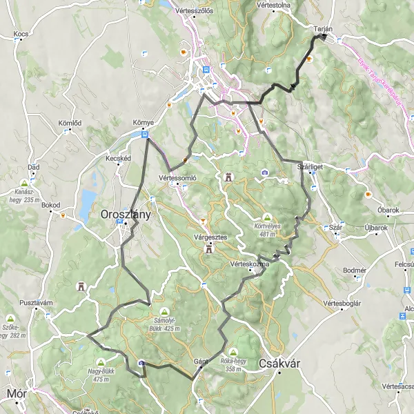 Map miniature of "Tarján Hallgató Loop" cycling inspiration in Közép-Dunántúl, Hungary. Generated by Tarmacs.app cycling route planner