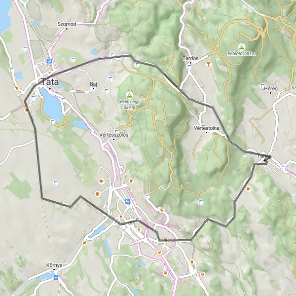 Map miniature of "Tarján Castle Road Trip" cycling inspiration in Közép-Dunántúl, Hungary. Generated by Tarmacs.app cycling route planner