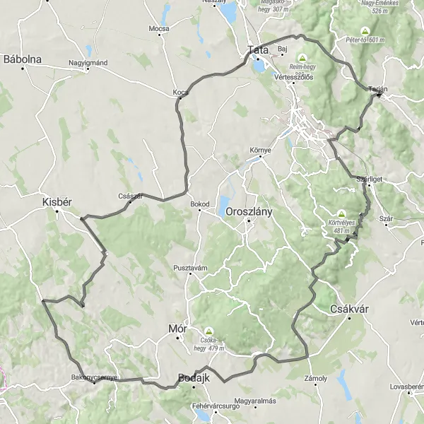 Map miniature of "Tarján Loop" cycling inspiration in Közép-Dunántúl, Hungary. Generated by Tarmacs.app cycling route planner