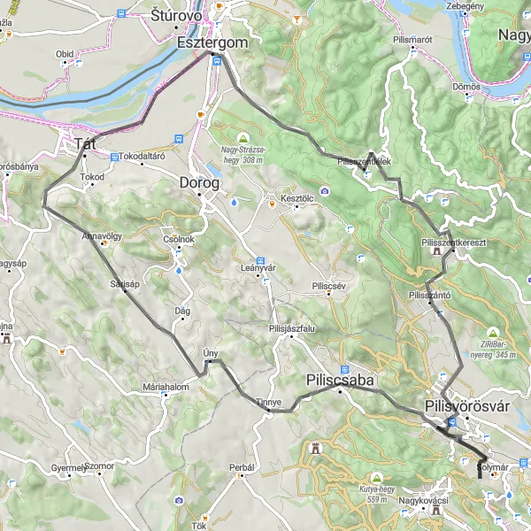 Map miniature of "The Majestic Pilis Odyssey" cycling inspiration in Közép-Dunántúl, Hungary. Generated by Tarmacs.app cycling route planner