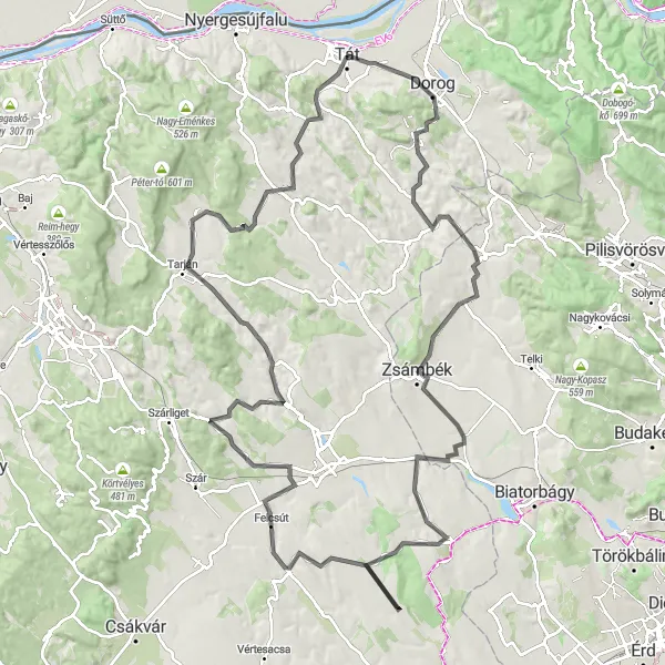 Map miniature of "Discovering the Hungarian Countryside" cycling inspiration in Közép-Dunántúl, Hungary. Generated by Tarmacs.app cycling route planner