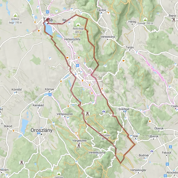 Map miniature of "The Mountains and Castles of Tata" cycling inspiration in Közép-Dunántúl, Hungary. Generated by Tarmacs.app cycling route planner