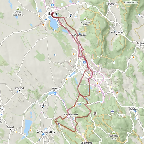 Map miniature of "Tata - Sánc-hegy Gravel Loop" cycling inspiration in Közép-Dunántúl, Hungary. Generated by Tarmacs.app cycling route planner