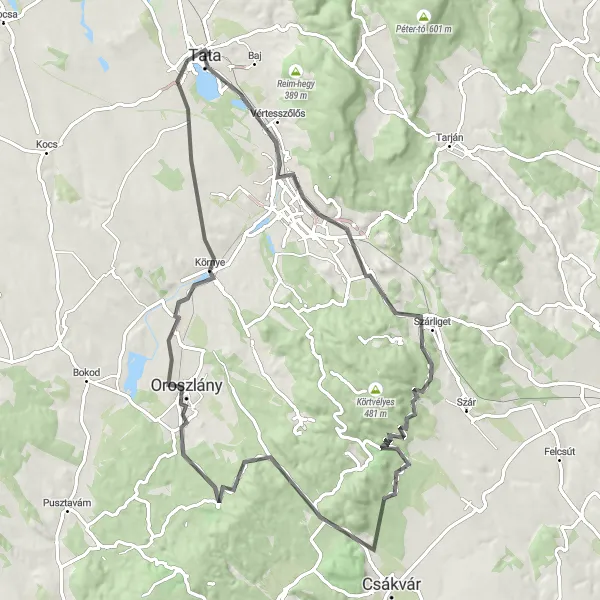 Map miniature of "Tata - Kálvária domb Road Loop" cycling inspiration in Közép-Dunántúl, Hungary. Generated by Tarmacs.app cycling route planner