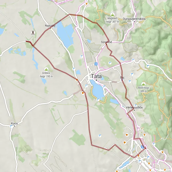 Map miniature of "Gravel Adventure in the Vértes Hills" cycling inspiration in Közép-Dunántúl, Hungary. Generated by Tarmacs.app cycling route planner