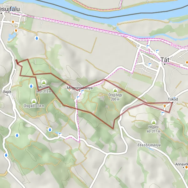 Map miniature of "The Scenic Beauty of Tokod loop" cycling inspiration in Közép-Dunántúl, Hungary. Generated by Tarmacs.app cycling route planner