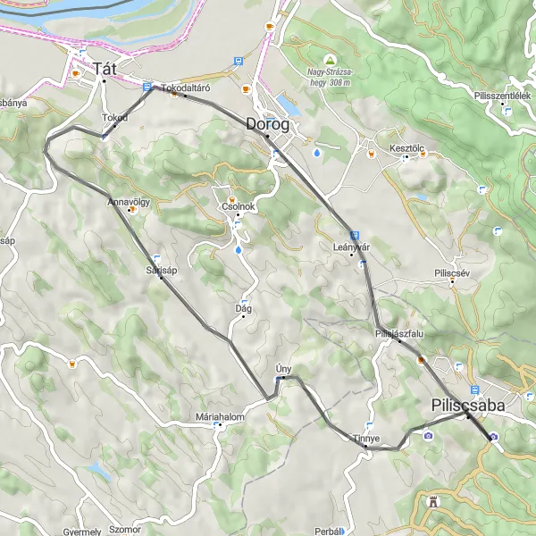 Map miniature of "Leányvár and Kutya-hegy Road Ride" cycling inspiration in Közép-Dunántúl, Hungary. Generated by Tarmacs.app cycling route planner