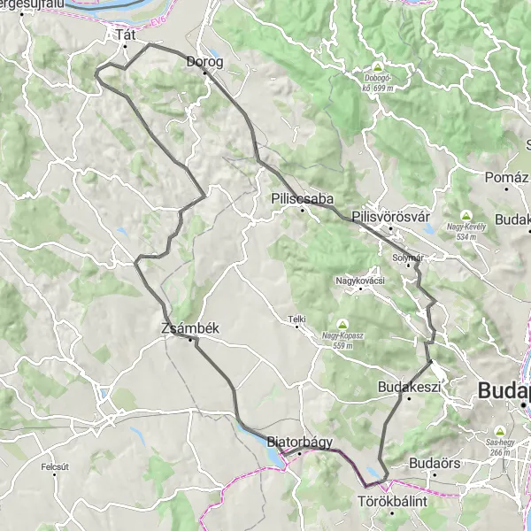 Map miniature of "Fazekas-hegy and Zsámbék Road Ride" cycling inspiration in Közép-Dunántúl, Hungary. Generated by Tarmacs.app cycling route planner