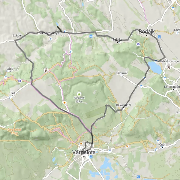 Map miniature of "Discover the Bakony Hillside" cycling inspiration in Közép-Dunántúl, Hungary. Generated by Tarmacs.app cycling route planner