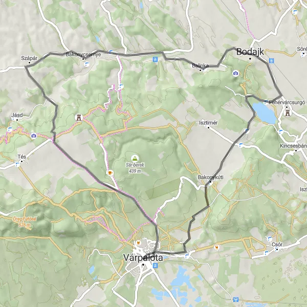 Map miniature of "Bakony Hills Short Escape" cycling inspiration in Közép-Dunántúl, Hungary. Generated by Tarmacs.app cycling route planner