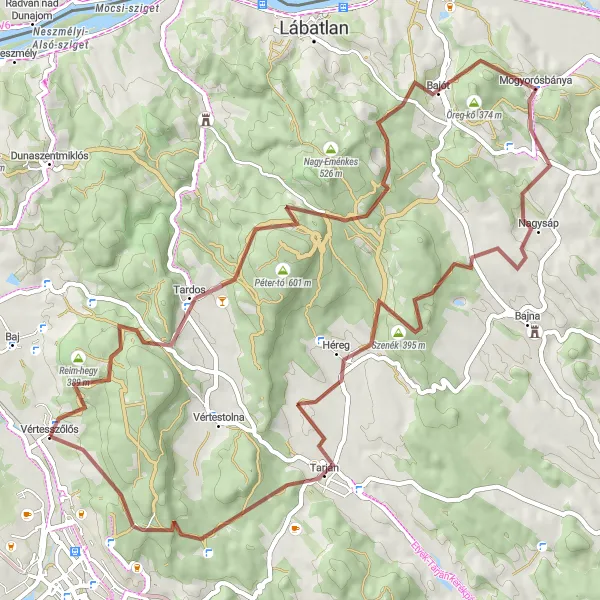 Map miniature of "Gravel Adventure in the Hills" cycling inspiration in Közép-Dunántúl, Hungary. Generated by Tarmacs.app cycling route planner