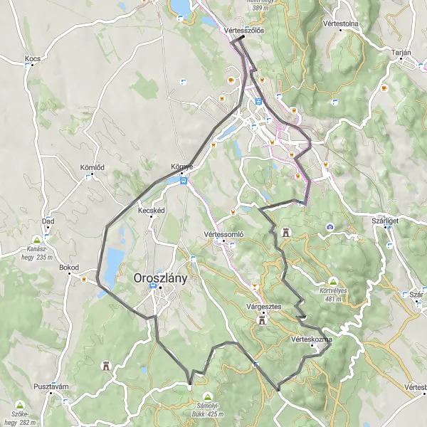 Map miniature of "Terrace and Castle Route" cycling inspiration in Közép-Dunántúl, Hungary. Generated by Tarmacs.app cycling route planner