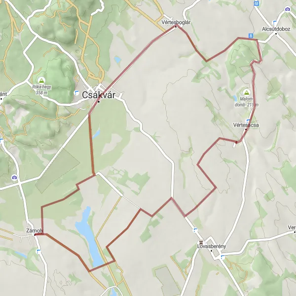 Map miniature of "The Charm of Vértesboglár and Vértesacsa" cycling inspiration in Közép-Dunántúl, Hungary. Generated by Tarmacs.app cycling route planner