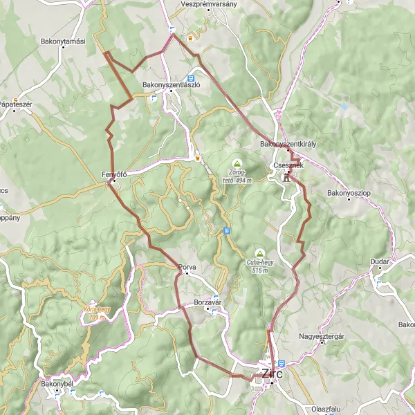 Map miniature of "Zirc - Kakas-hegy Adventure" cycling inspiration in Közép-Dunántúl, Hungary. Generated by Tarmacs.app cycling route planner