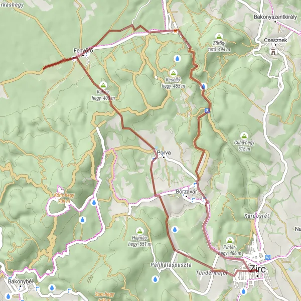 Map miniature of "The Gravel Trails of Zirc" cycling inspiration in Közép-Dunántúl, Hungary. Generated by Tarmacs.app cycling route planner