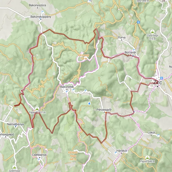 Map miniature of "The Adventurous Hills of Zirc" cycling inspiration in Közép-Dunántúl, Hungary. Generated by Tarmacs.app cycling route planner