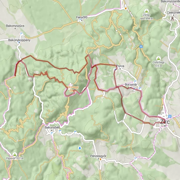 Map miniature of "Zirc - Gravel Adventure" cycling inspiration in Közép-Dunántúl, Hungary. Generated by Tarmacs.app cycling route planner