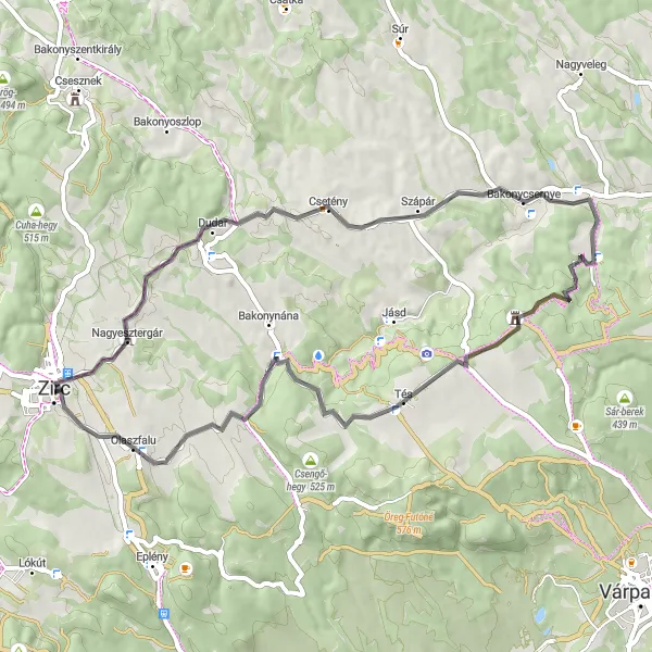 Map miniature of "Zirc - Nagyesztergár Loop" cycling inspiration in Közép-Dunántúl, Hungary. Generated by Tarmacs.app cycling route planner