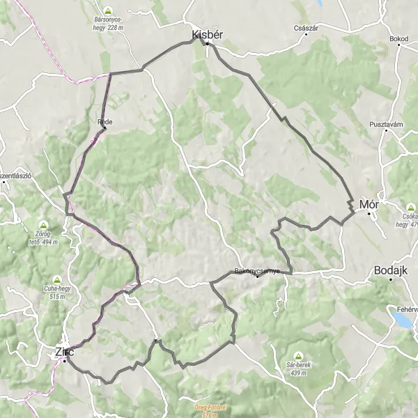 Map miniature of "The Bakony Hills Loop" cycling inspiration in Közép-Dunántúl, Hungary. Generated by Tarmacs.app cycling route planner