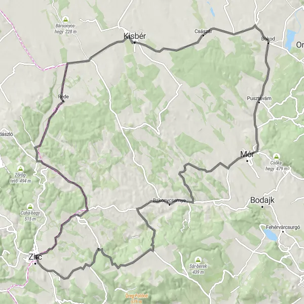 Map miniature of "Zirc - Bakonycsernye Circuit" cycling inspiration in Közép-Dunántúl, Hungary. Generated by Tarmacs.app cycling route planner