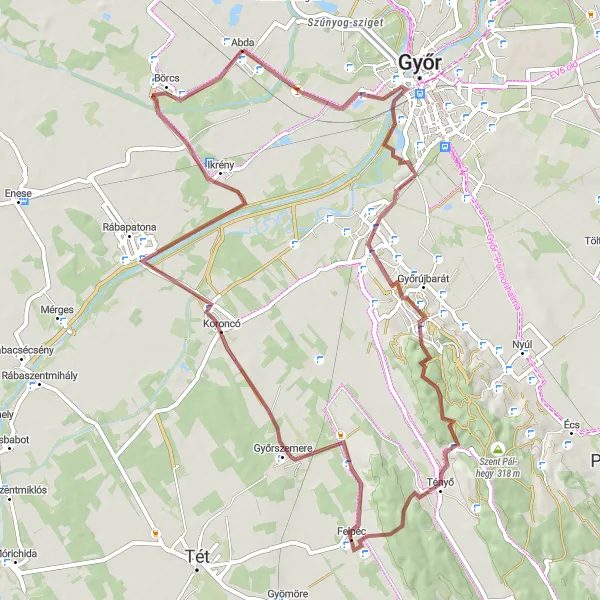 Map miniature of "Around the Győr region by gravel bike" cycling inspiration in Nyugat-Dunántúl, Hungary. Generated by Tarmacs.app cycling route planner