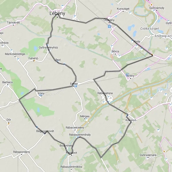 Map miniature of "Abda-Koroncó-Bezi-Mosonszentmiklós" cycling inspiration in Nyugat-Dunántúl, Hungary. Generated by Tarmacs.app cycling route planner